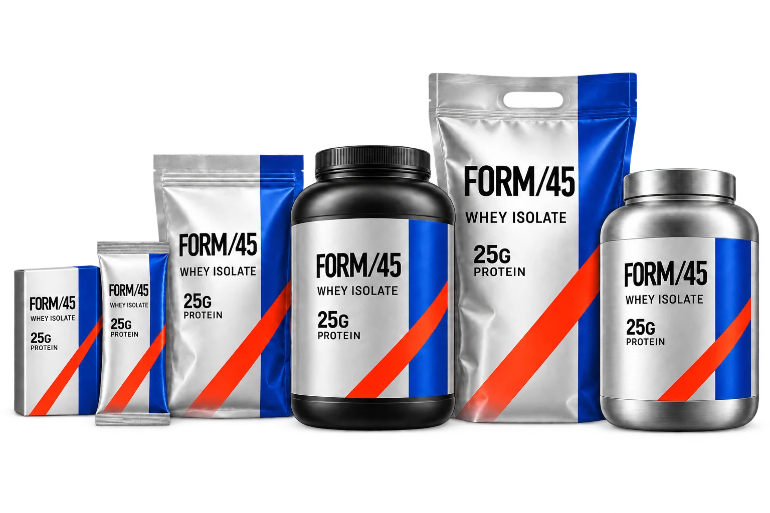 FORM/45 whey isolate range in sachets, stand-up pouches and rigid tubs