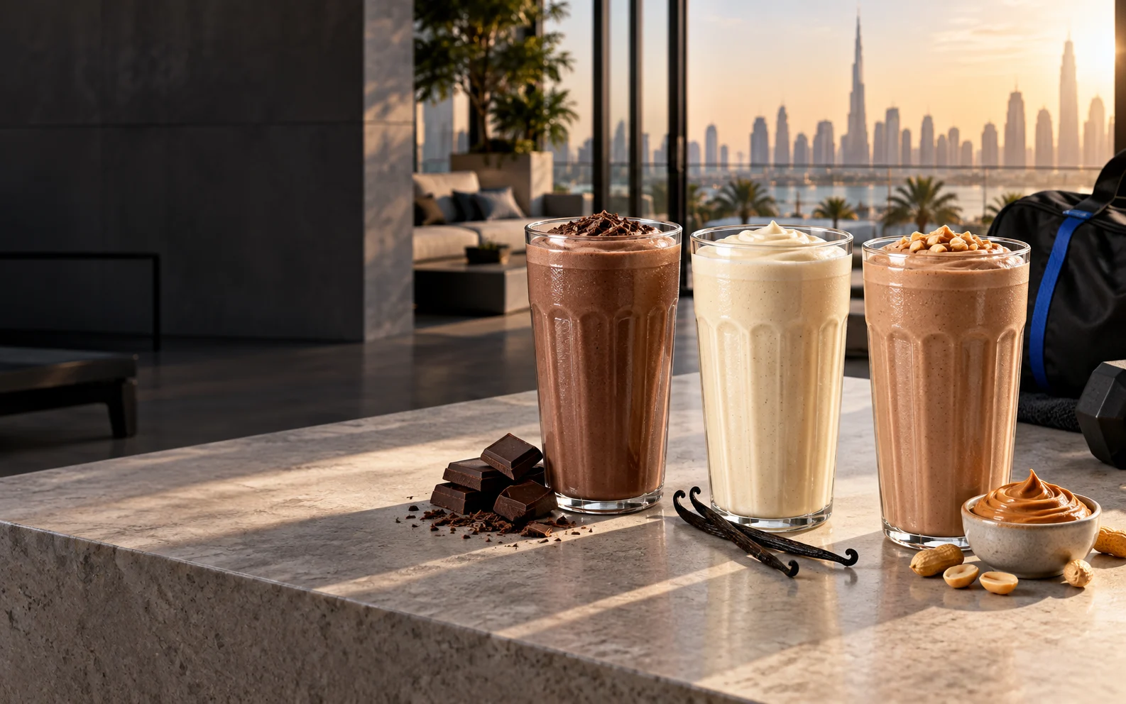 Chocolate, vanilla and chocolate peanut butter protein shakes in a sunlit Dubai apartment
